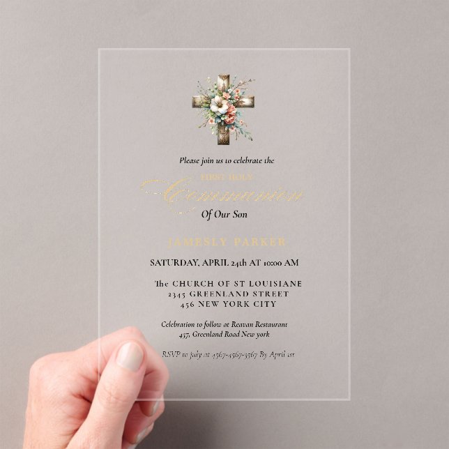 First holy communion watercolor Floral Cross Acrylic Invitations (Insitu (Handheld))
