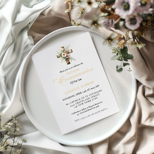 First holy communion watercolor Floral Cross Invitation
