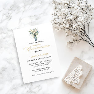 First holy communion watercolor Floral Cross Invitation