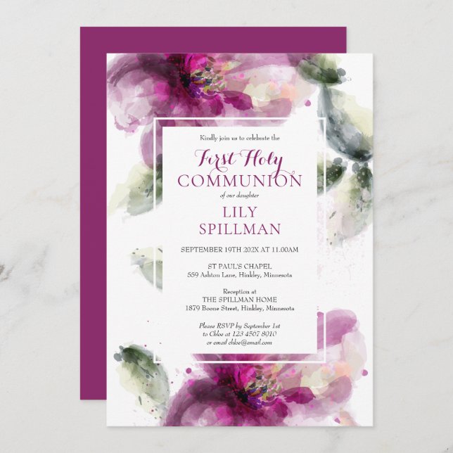 First Holy Communion Watercolor Floral  Invitation (Front/Back)