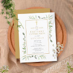 First Holy Communion Watercolor Greenery Save The Announcement Postcard<br><div class="desc">Featuring delicate watercolor leaves and an elegant gold crucifix,  this chic gender neutral First Holy Communion save the date invitation can be personalised with your special information,  with a gold background on the reverse. Designed by Thisisnotme©</div>