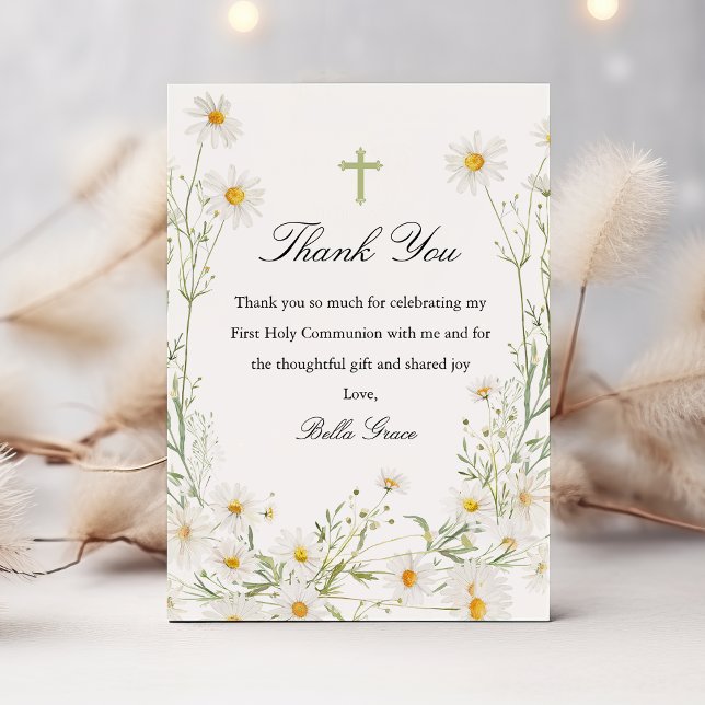First Holy Communion White Daisy Floral Cross Thank You Card (Creator Uploaded)