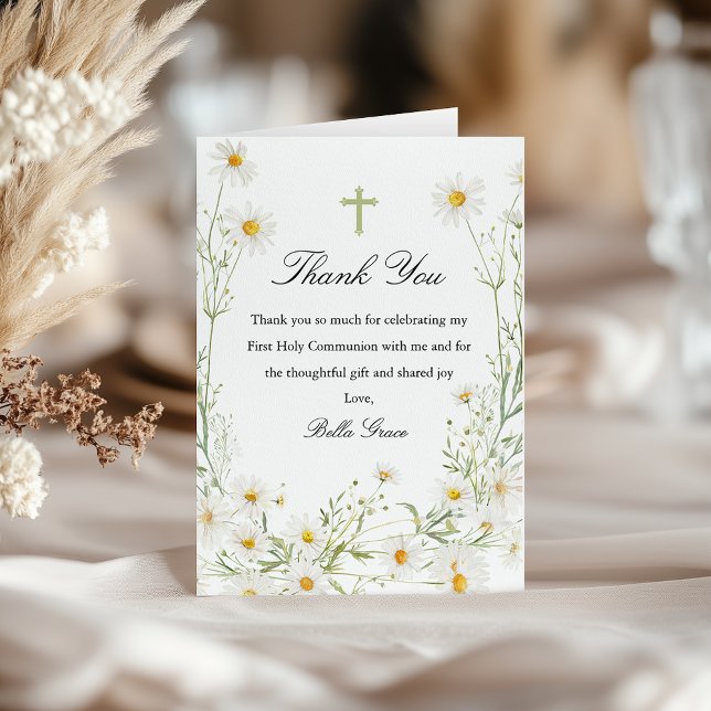 First Holy Communion White Daisy Floral Folded Thank You Card (Creator Uploaded)
