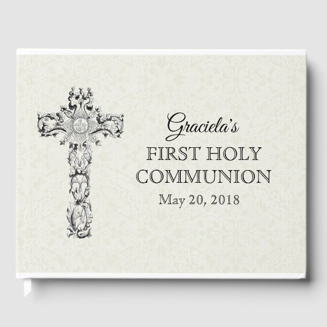 First Holy Communion White Lace Cross Host Guest Book (Front)