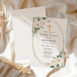 First Holy Communion White Rose Floral Invitation