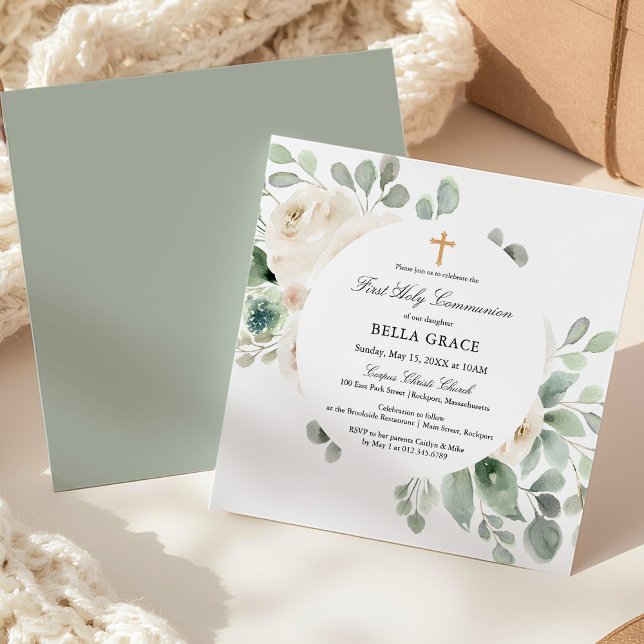First Holy Communion White Rose Floral Square Invitation (Creator Uploaded)