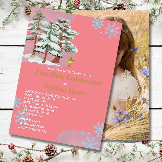 First Holy Communion Winter Forest Snowflake Photo Invitation (Creator Uploaded)