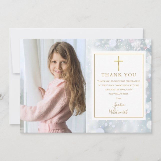 First Holy Communion Winter Snowflakes Photo Thank You Card (Front)