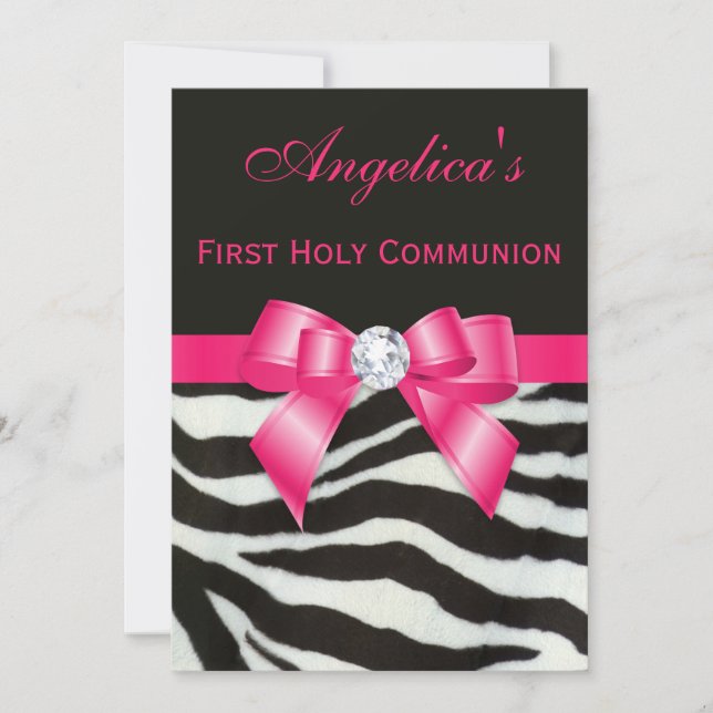 First Holy Communion Zebra Stripes Hot Pink Bow Invitation (Front)