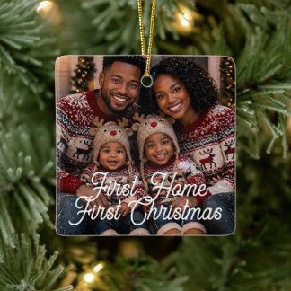 First Home First Christmas Family Photo Burgundy Ceramic Ornament
