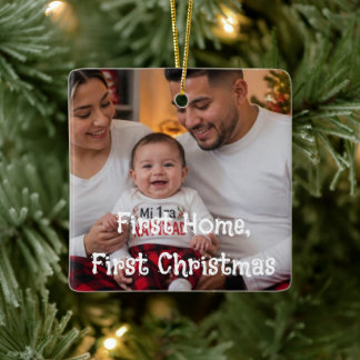First Home First Christmas Family Photo Crimson Ceramic Ornament
