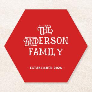 First Home Housewarming Typography Year Red White  Paper Coaster