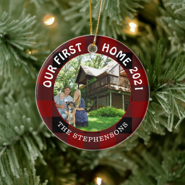 First Home Rustic Red Plaid 2 Photo Ceramic Ornament (Tree)