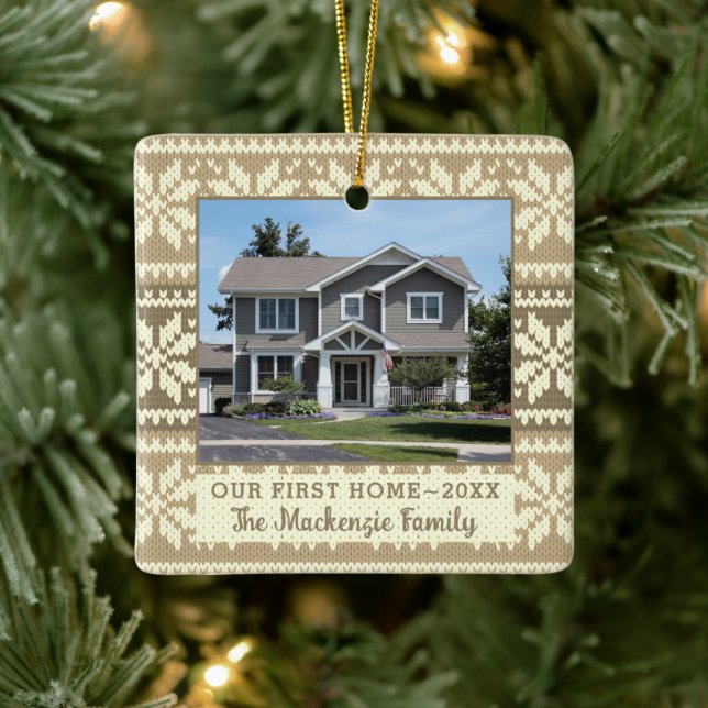 First Home Snowflake Sweater Photo Personalised Ceramic Ornament (Tree)