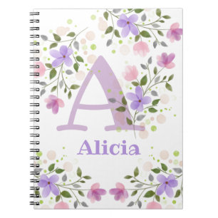 First Initial Plus Name Alicia with Flowers Notebook