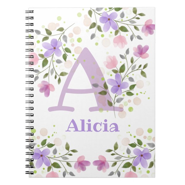 First Initial Plus Name Alicia with Flowers Notebook (Front)