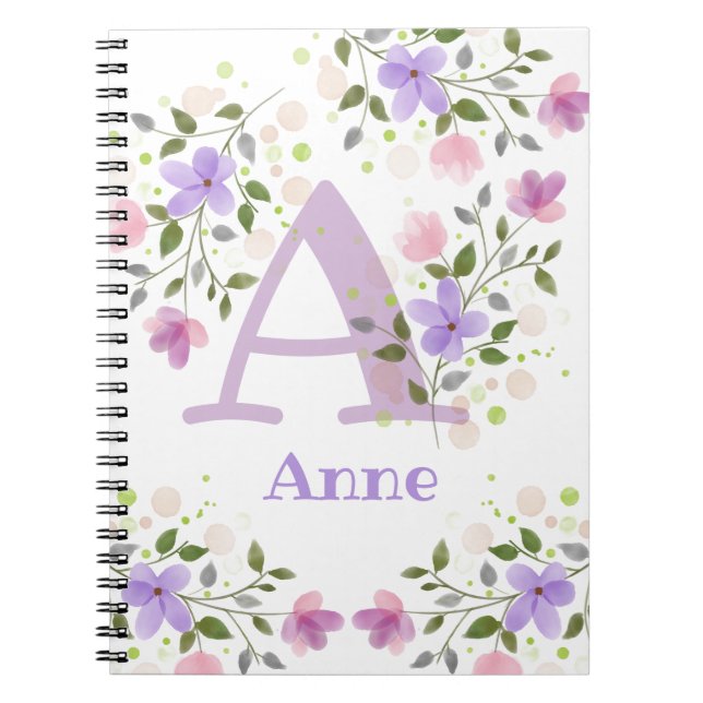 First Initial Plus Name Anne with Flowers Notebook (Front)