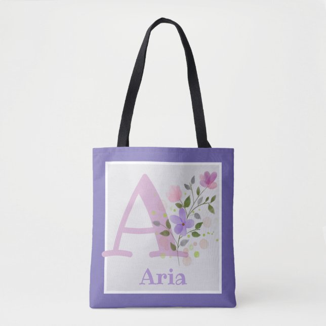 First Initial Plus Name Aria with Flowers Tote Bag (Front)