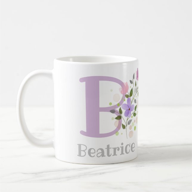 First Initial Plus Name Beatrice with Flowers Coffee Mug (Left)