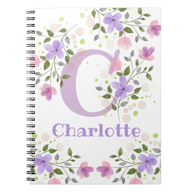 First Initial Plus Name Charlotte with Flowers Notebook (Front)
