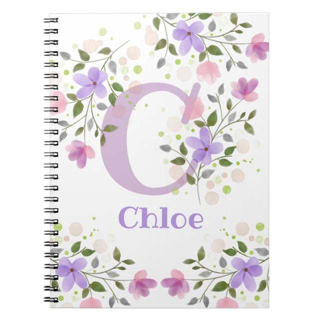 First Initial Plus Name Chloe with Flowers Notebook (Front)