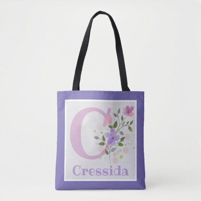 First Initial Plus Name Cressida with Flowers Tote Bag (Front)