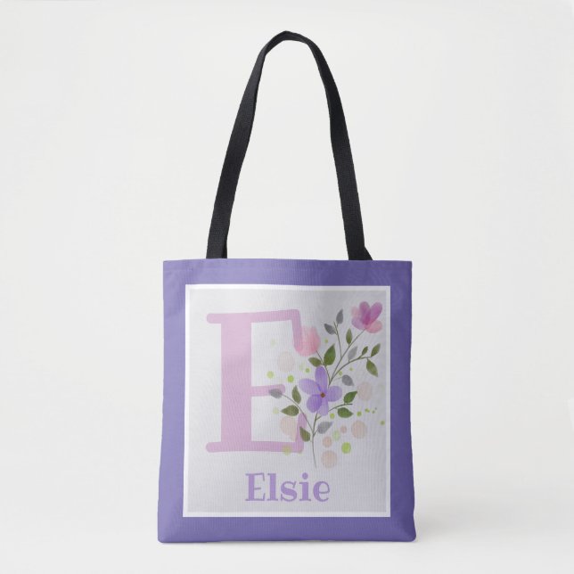 First Initial Plus Name Elsie with Flowers Tote Bag (Front)