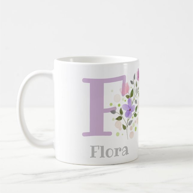 First Initial Plus Name Flora with Flowers Coffee Mug (Left)