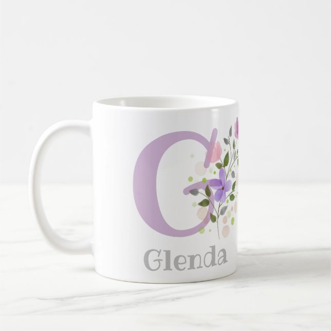 First Initial Plus Name Glenda with Flowers Coffee Mug (Left)
