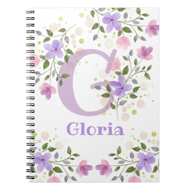 First Initial Plus Name Gloria with Flowers Notebook (Front)