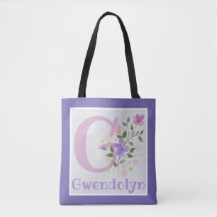 First Initial Plus Name Gwendolyn with Flowers Tote Bag