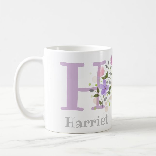 First Initial Plus Name Harriet with Flowers Coffee Mug (Left)