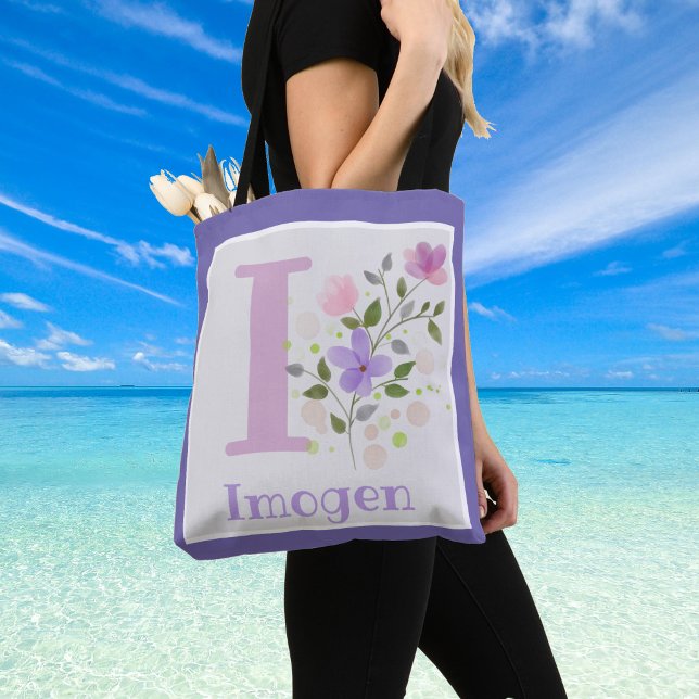 First Initial Plus Name Imogen with Flowers Tote Bag (Imogen Shoulder Bag)