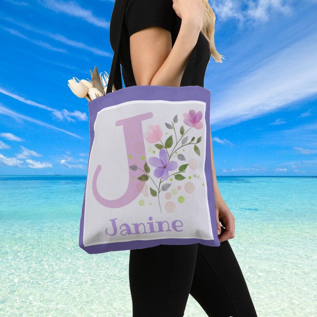 First Initial Plus Name Janine with Flowers Tote Bag (Shoulder bag with name Janine)