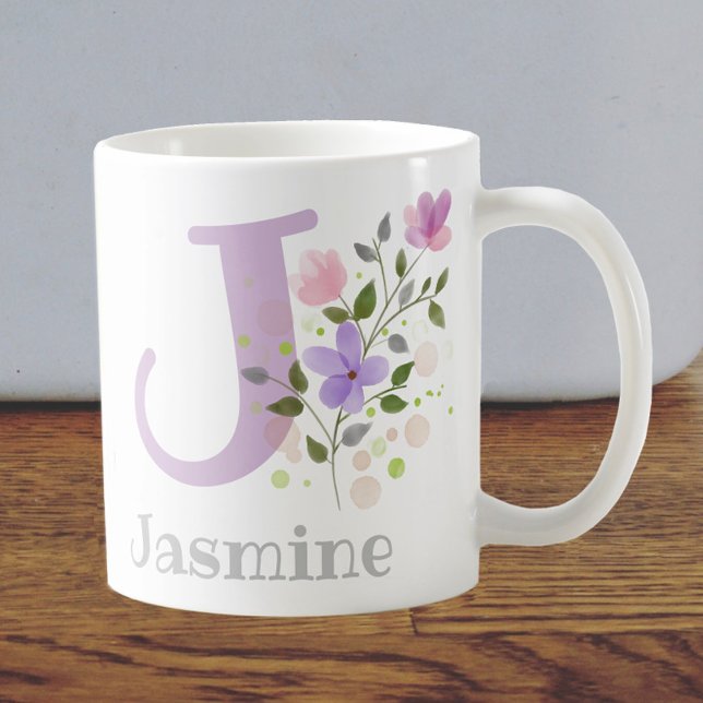 First Initial Plus Name Jasmine with Flowers Coffee Mug (Creator Uploaded)