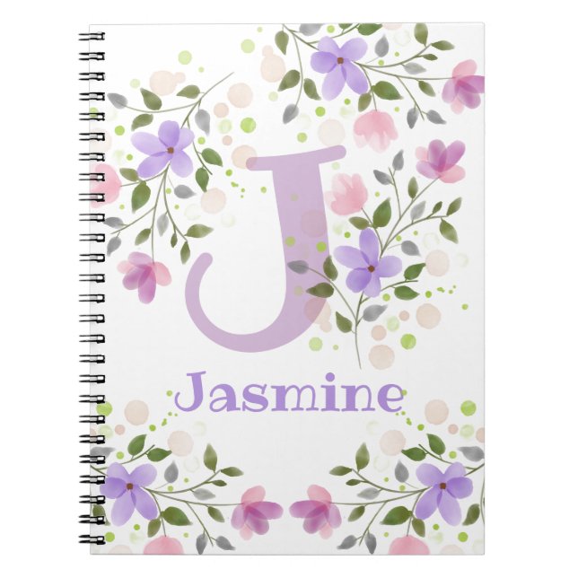 First Initial Plus Name Jasmine with Flowers Notebook (Front)