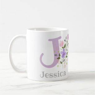First Initial Plus Name Jessica with Flowers Coffee Mug