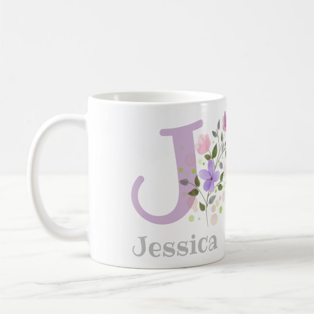 First Initial Plus Name Jessica with Flowers Coffee Mug (Left)