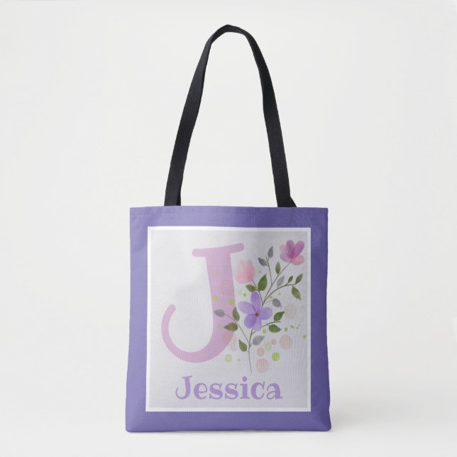 First Initial Plus Name Jessica with Flowers Tote Bag (Front)