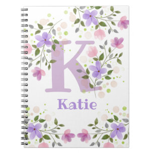 First Initial Plus Name Katie with Flowers Notebook