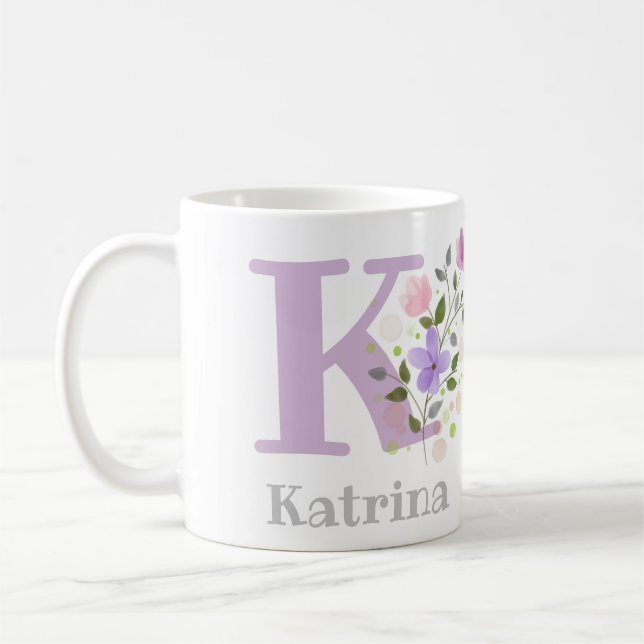 First Initial Plus Name Katrina with Flowers Coffee Mug (Left)