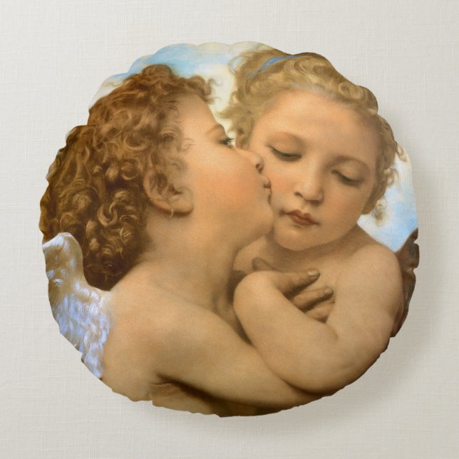 First Kiss (angel detail) by Bouguereau Round Cushion (Front)