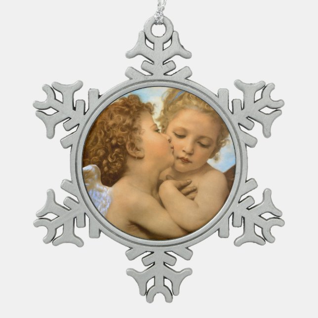 First Kiss (angel detail) by Bouguereau Snowflake Pewter Christmas Ornament (Front)