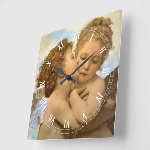 First Kiss (angel detail) by Bouguereau Square Wall Clock