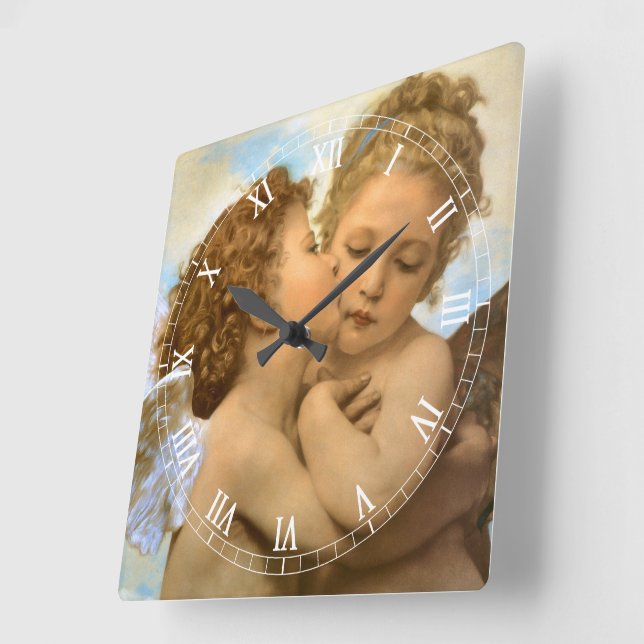 First Kiss (angel detail) by Bouguereau Square Wall Clock (Angle)