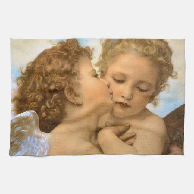 First Kiss (angel detail) by Bouguereau Tea Towel (Horizontal)