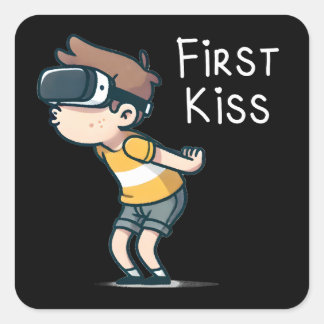 First Kiss – Funny VR Gamer Cartoon, Geeky Boy Square Sticker