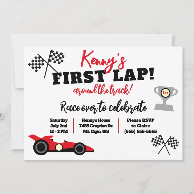 First Lap Around the Track, Kids' Birthday Party Invitation (Front)