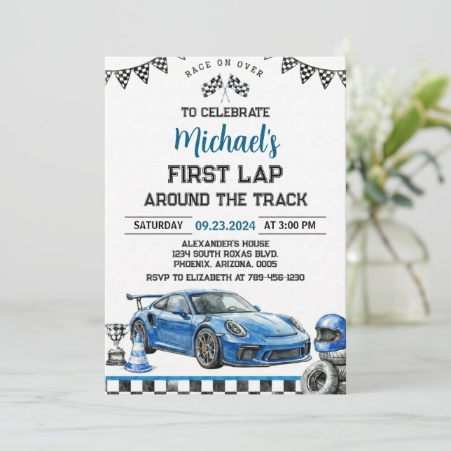 First Lap Around The Track Race Car 1st Birthday Invitation (Standing Front)