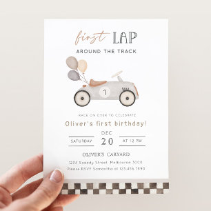 First Lap Beige Race Car & Balloons 1st Birthday Invitation